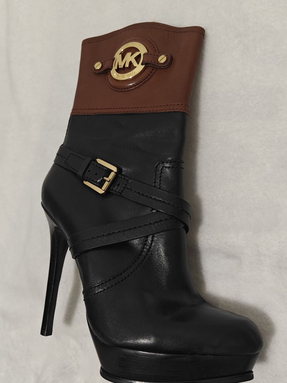 Michael Kors Women Black Brown Leather Ankle Bootie Zip Logo Buckle, 8.5M